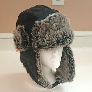 Dockers Faux Fur Trapper Hat L/XL Wool Blend w Ear Flaps Black Adjustable Lined